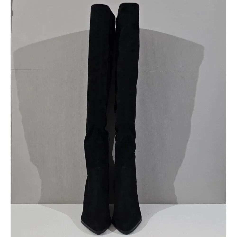Marc Fisher Cathi Over The Knee Boot Women 7.5 Black Pointed Toe Tall Block Heel